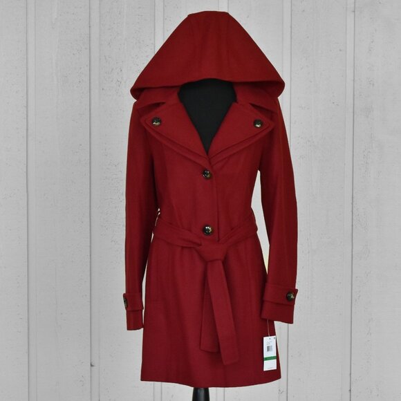 London Fog Women's Double Lapel Thigh Length Button Front Wool Coat w/Belt Red - Picture 2 of 13